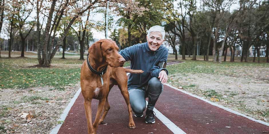 Perro en compañía de su tutor haciendo caminata, perfecta para los adultos mayores.